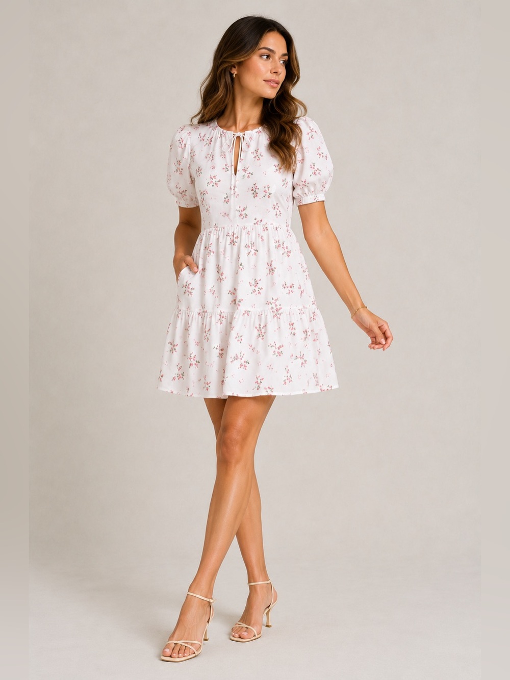 NEW CeCe Women's Printed Cotton Eyelet Puff-Sleeve A-Line Dress Size L - Picture 2 of 8